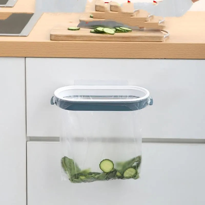 A blue plastic storage rack designed to hold a roll of kitchen bin bags.