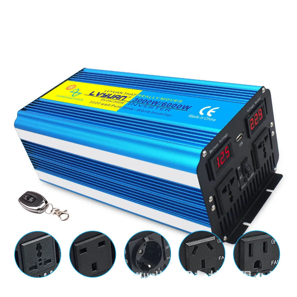 Blue high-power 3000W car pure sine wave inverter with digital display and UK three-pin socket
