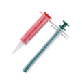 Two silicone pet pill shooter syringes with soft tips on a white background