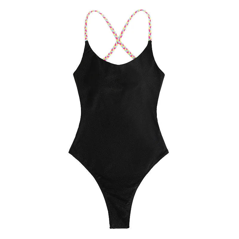 Black women's one-piece swimsuit with backless design and sleeveless construction