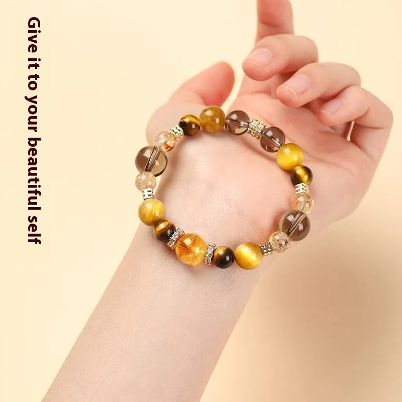 Natural yellow tower crystal tiger-eye bracelet with geometric design