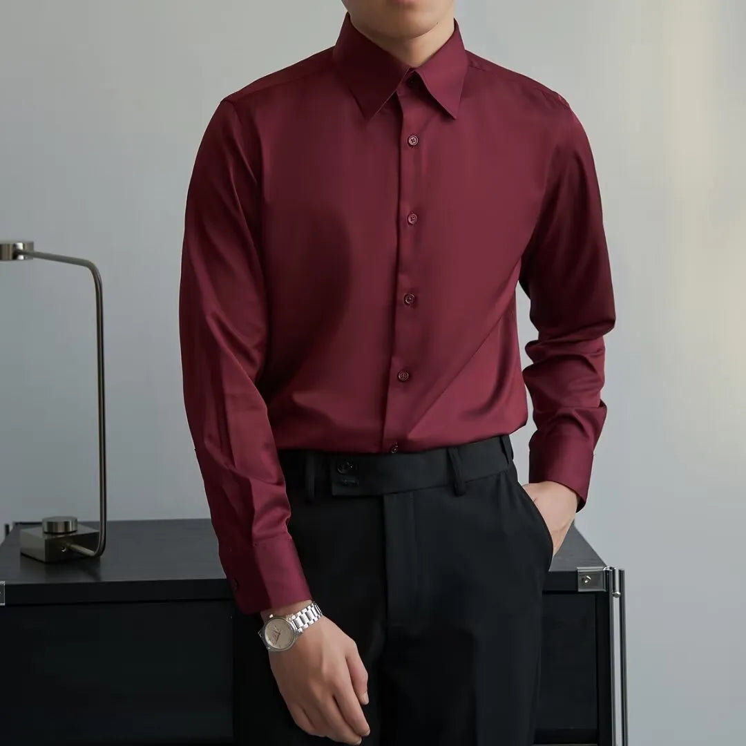 Men's black Korean style slim fit long sleeve shirt with a loose cardigan cut.
