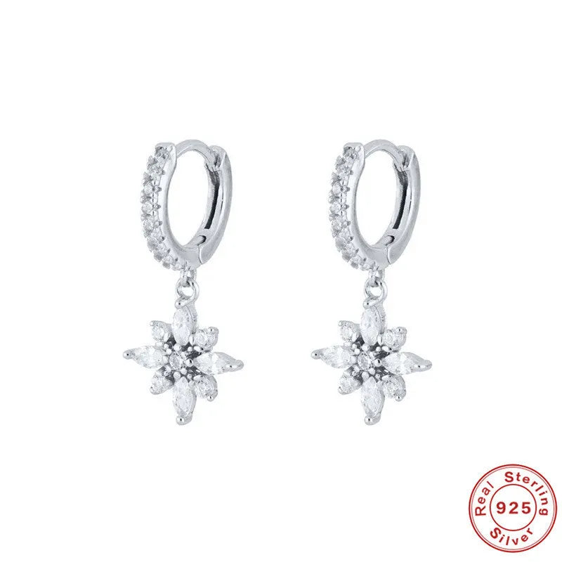 S925 sterling silver snowflake pendant earrings with geometric design in white gold or yellow gold colour