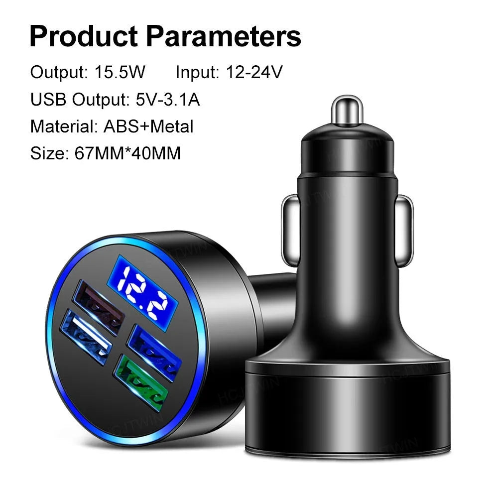 Black multi-port USB car charger with four ports and cigarette lighter plug for vehicle use