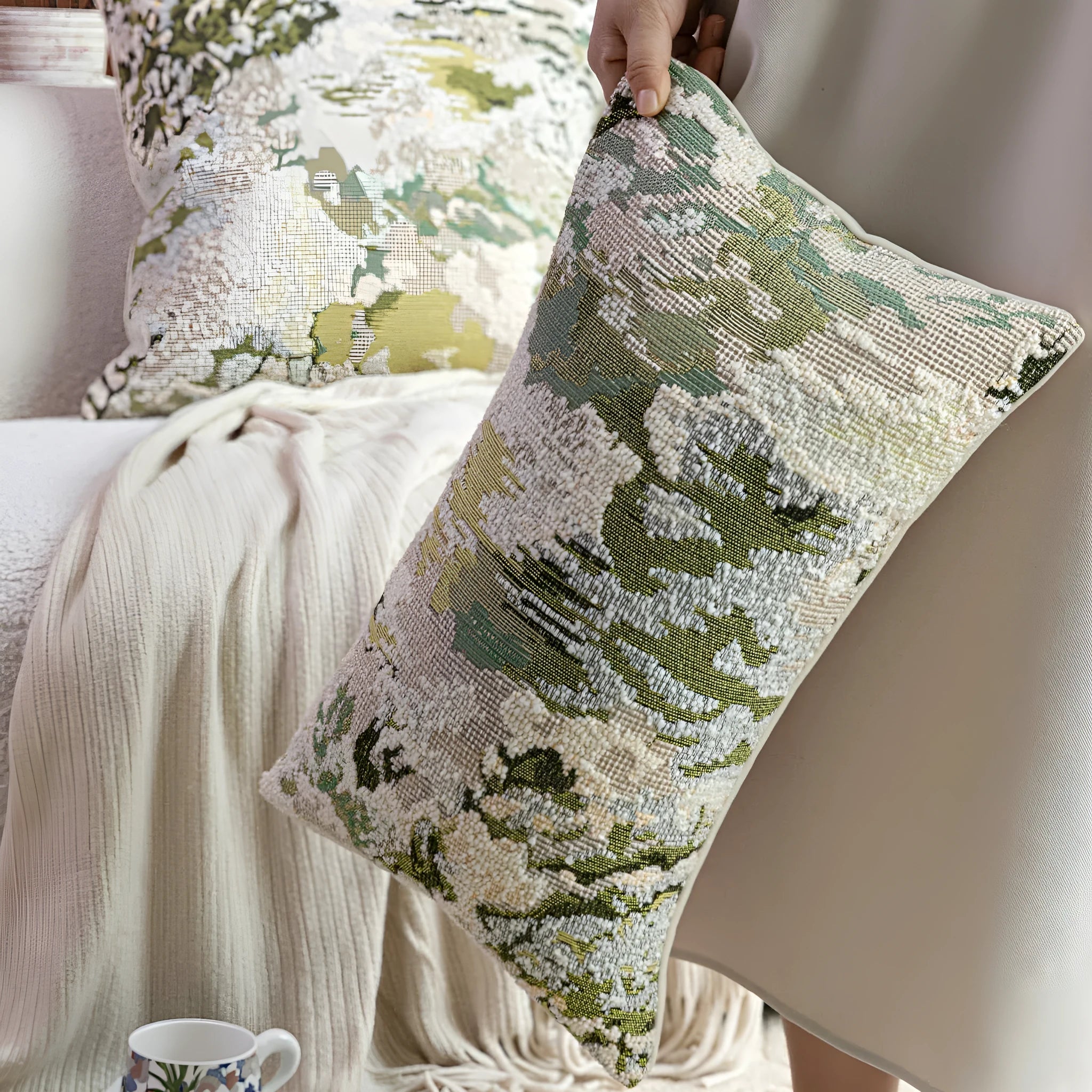 Green abstract floral pattern on a square wool blend decorative cushion pillow.