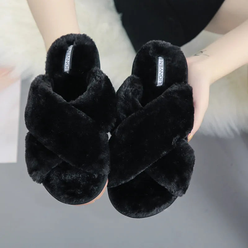 Women's cross open-toe fur slippers in multiple colours on a non-slip patterned sole.