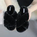 Women's cross open-toe fur slippers in multiple colours on a non-slip patterned sole.