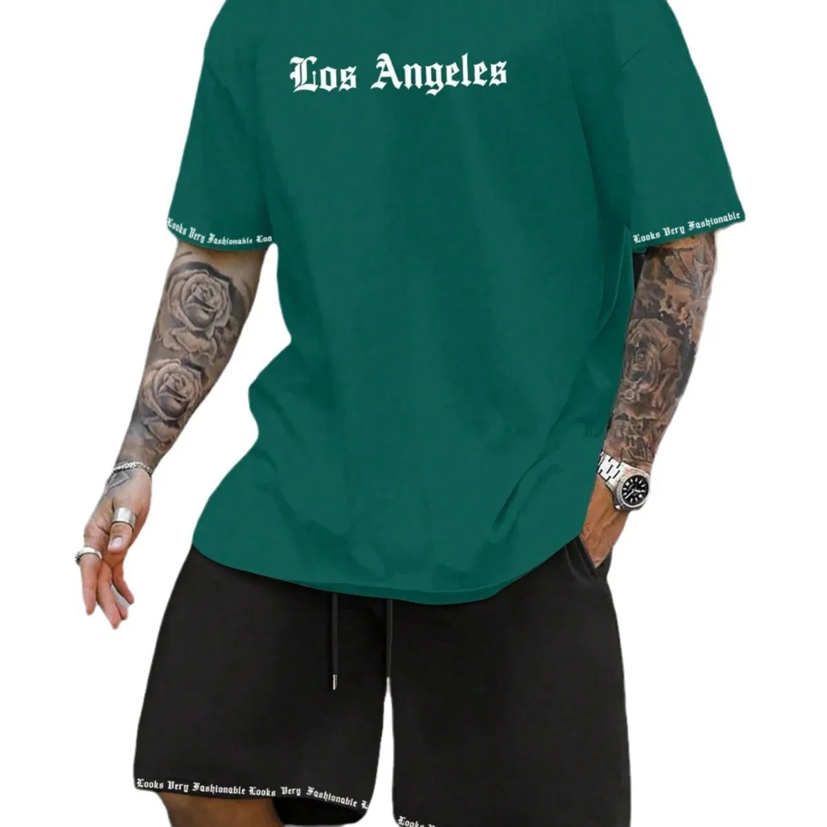 Sports style short sleeve top and shorts set in thin quick-drying fabric, shown in a printed pattern.