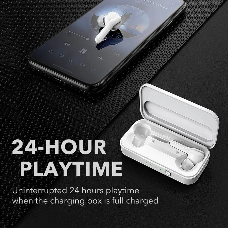 Black and white true wireless Bluetooth 5.0 earbuds with IPX5 waterproof rating
