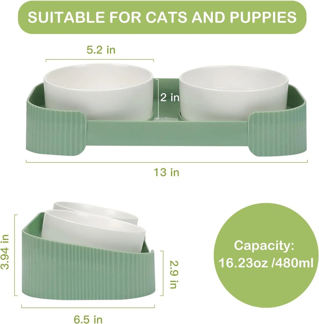 Green ceramic elevated cat bowl set with 15-degree tilt and non-slip base
