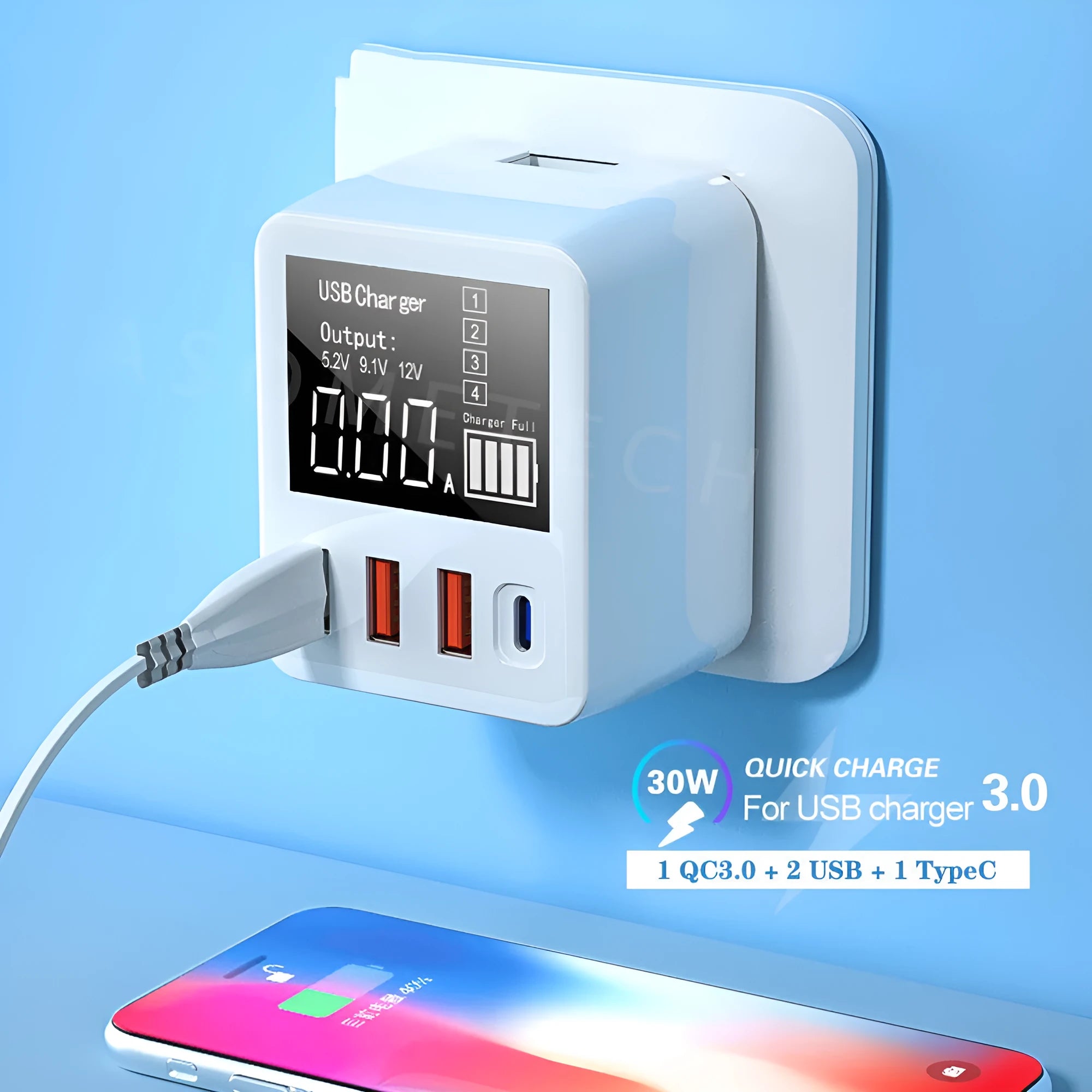 White 4-port USB travel charger with LED display, showing UK plug model