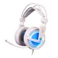 Black and white 7.1 channel USB gaming headset with LED lights on ear cups