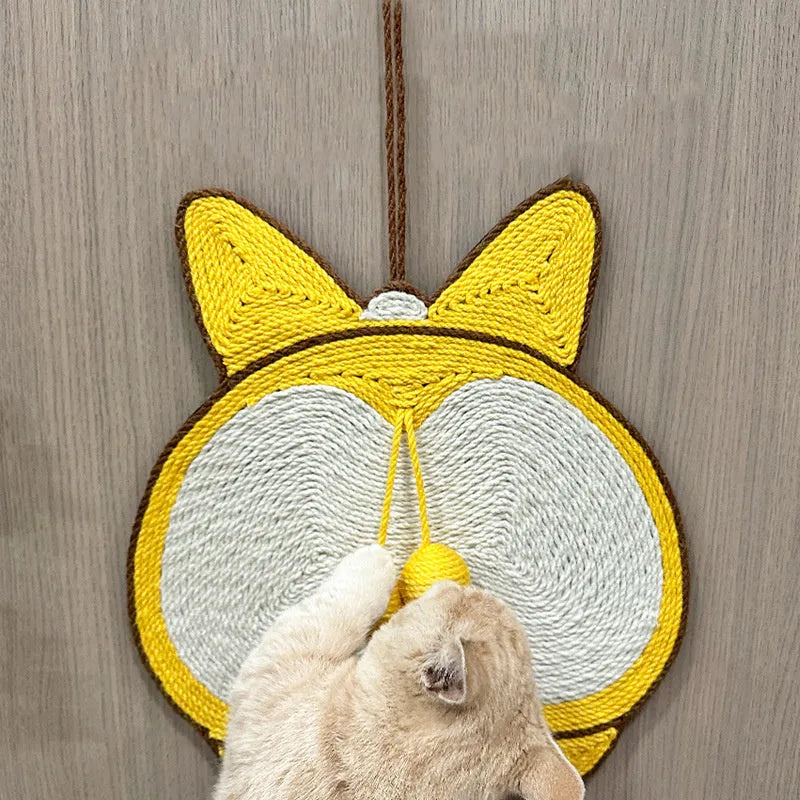 Yellow Corgi-shaped sisal cat scratching pad with anti-slip base and adhesive hooks.