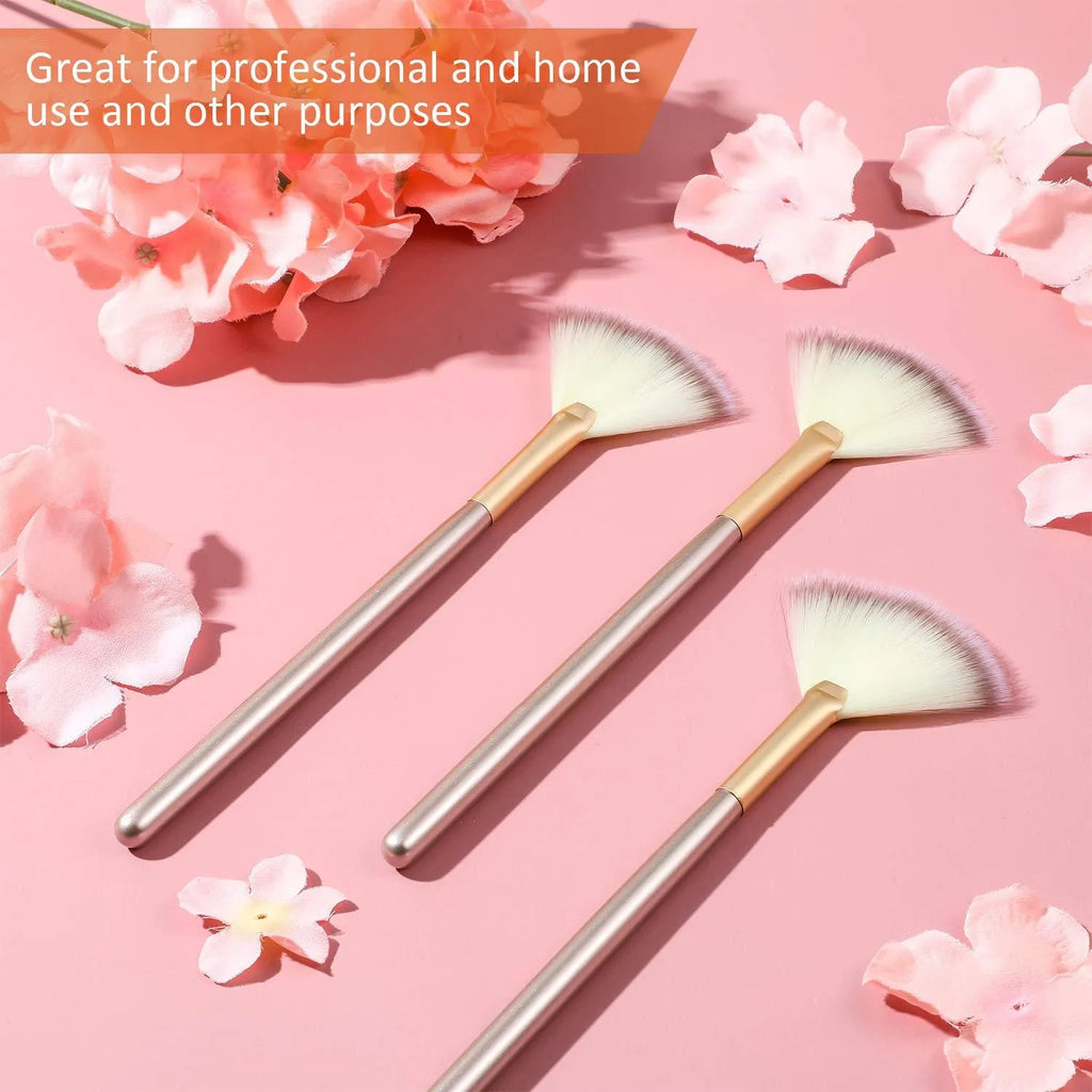 10 professional facial fan brushes with champagne finish handles and protective covers for makeup and treatment application
