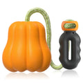 Pumpkin coloured plastic dog chew toy with an attached rope for tugging and fetching.