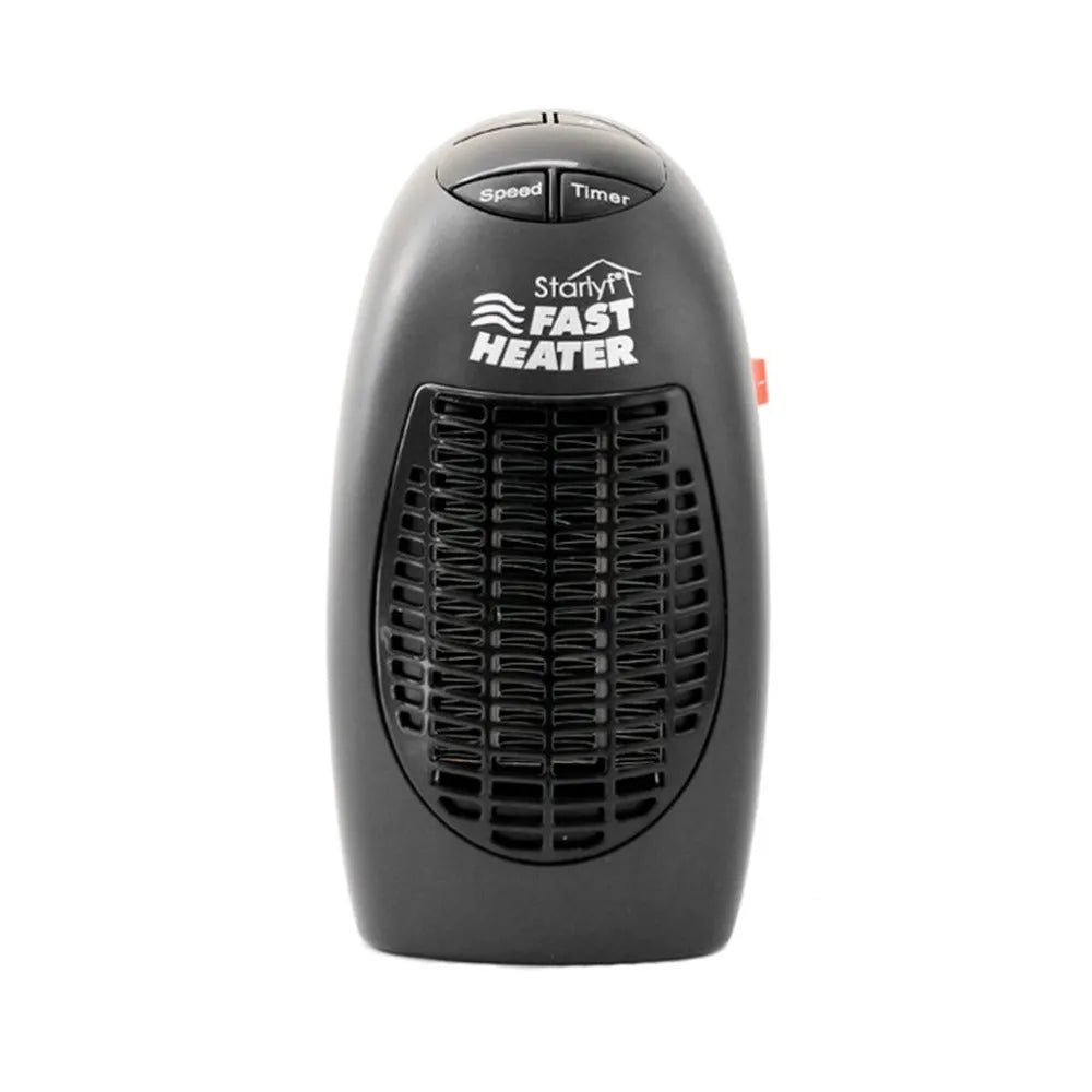 Black portable electric heater with digital display and rotating plug, measuring 8x7x16cm