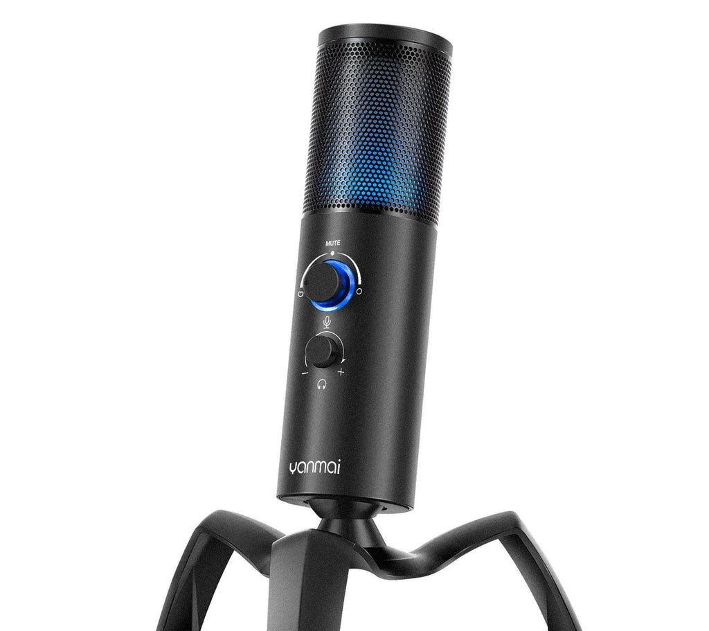Black Q18 two directional condenser microphone with RGB lighting and metal body on tripod