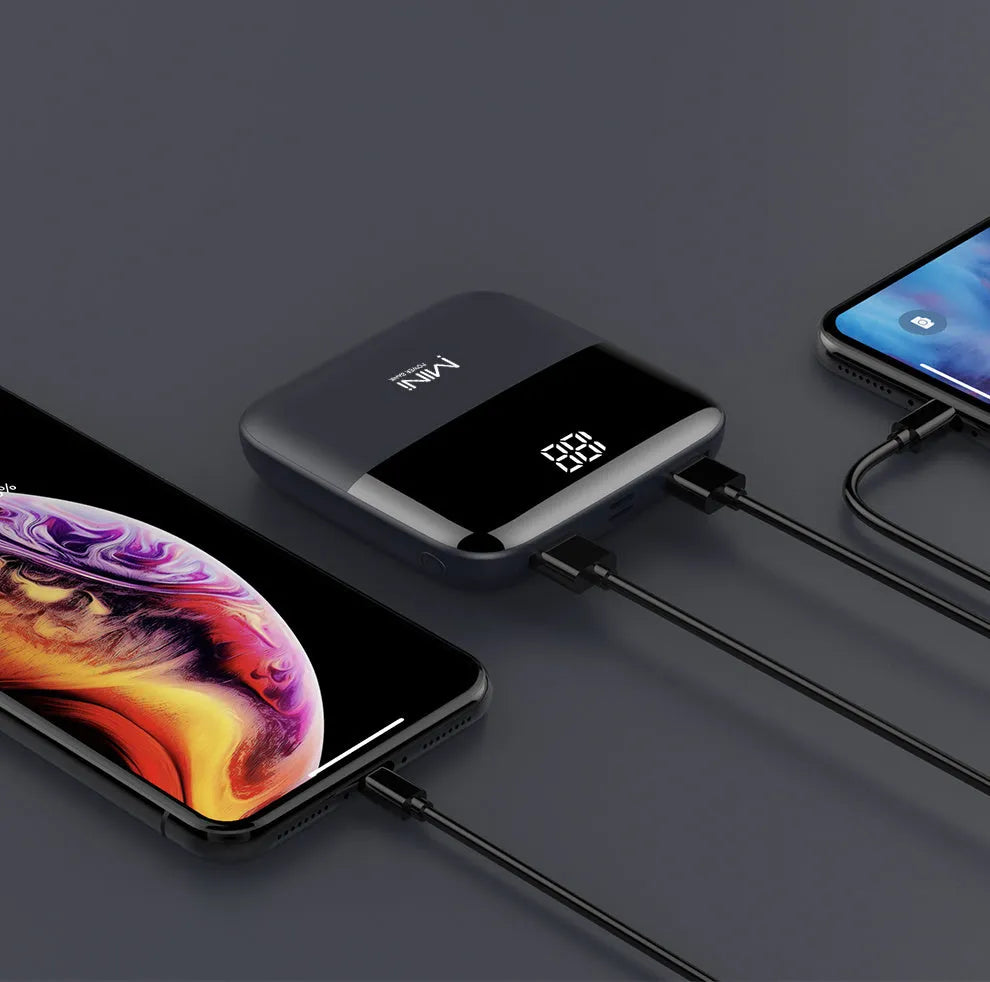 Android portable power bank with digital display showing battery percentage