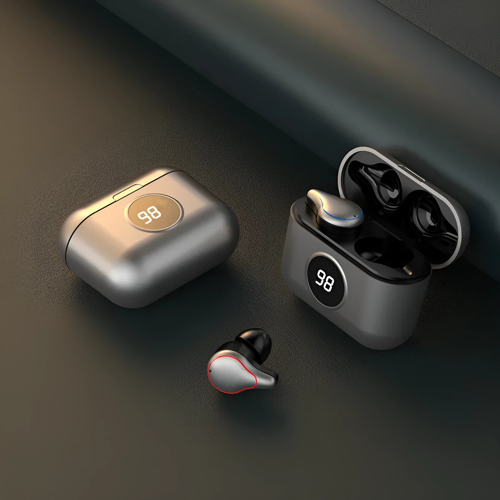 Black and Blue in-ear bluetooth headsets showing plug-in earpiece design.