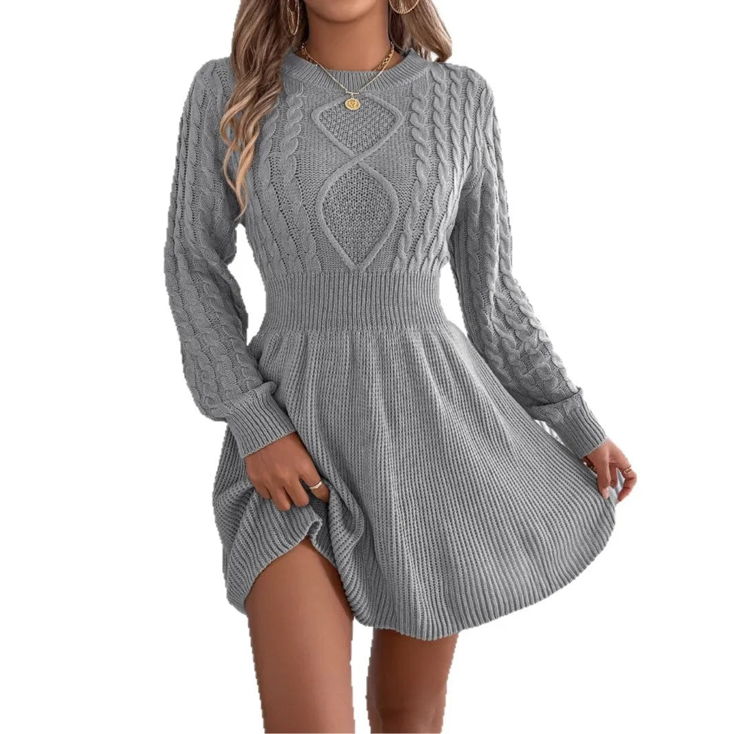 Women's solid colour lantern sleeve sweater dress with twisted elastic fitted waist in black, grey, or wine red