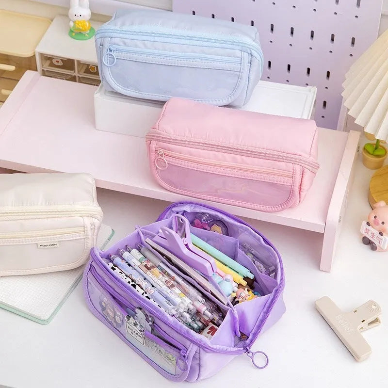 Canvas pencil case with multi-layer flip design in Korean style showing six colour options