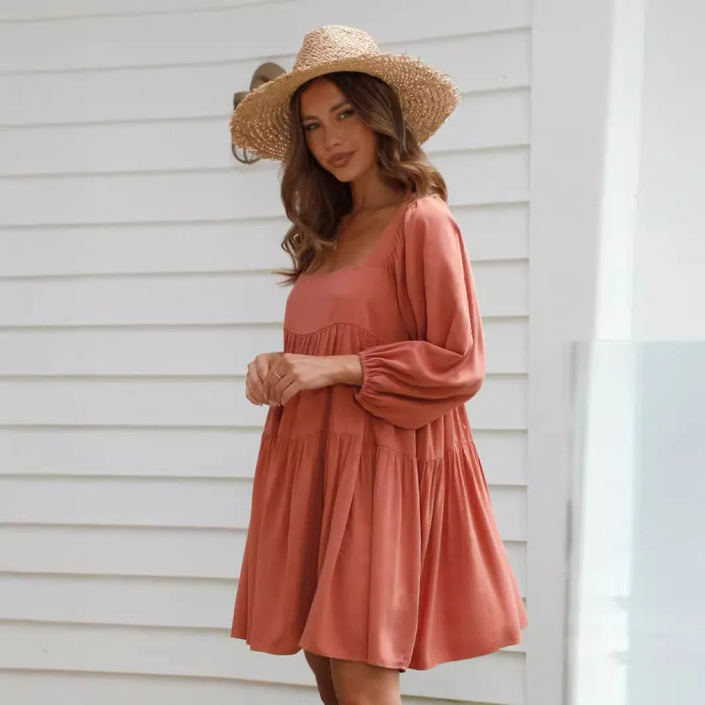 Children's backless dress with square collar and puff sleeves in artistic retro style