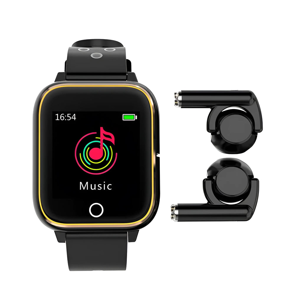 Black smartwatch with integrated Bluetooth earbuds charging in wristband cabinet