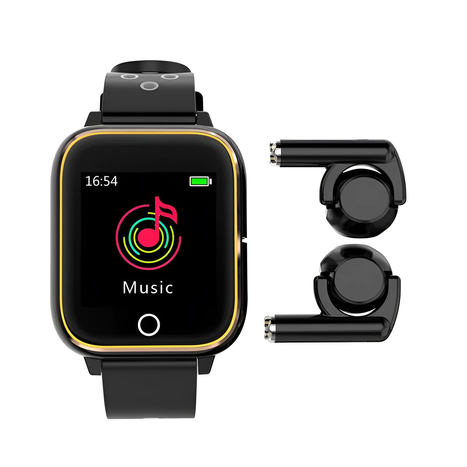 Black smartwatch with integrated Bluetooth earbuds charging in wristband cabinet