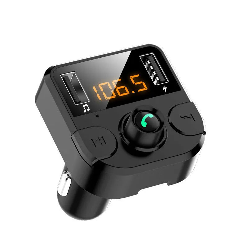 Black BT36B car MP3 Bluetooth player with display, plugged into a car cigarette lighter socket.