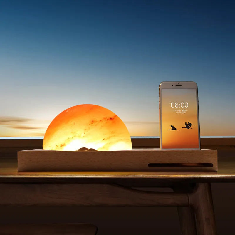 Sunrise Oriental natural crystal salt lamp with beech wood base and integrated wireless phone charging pad