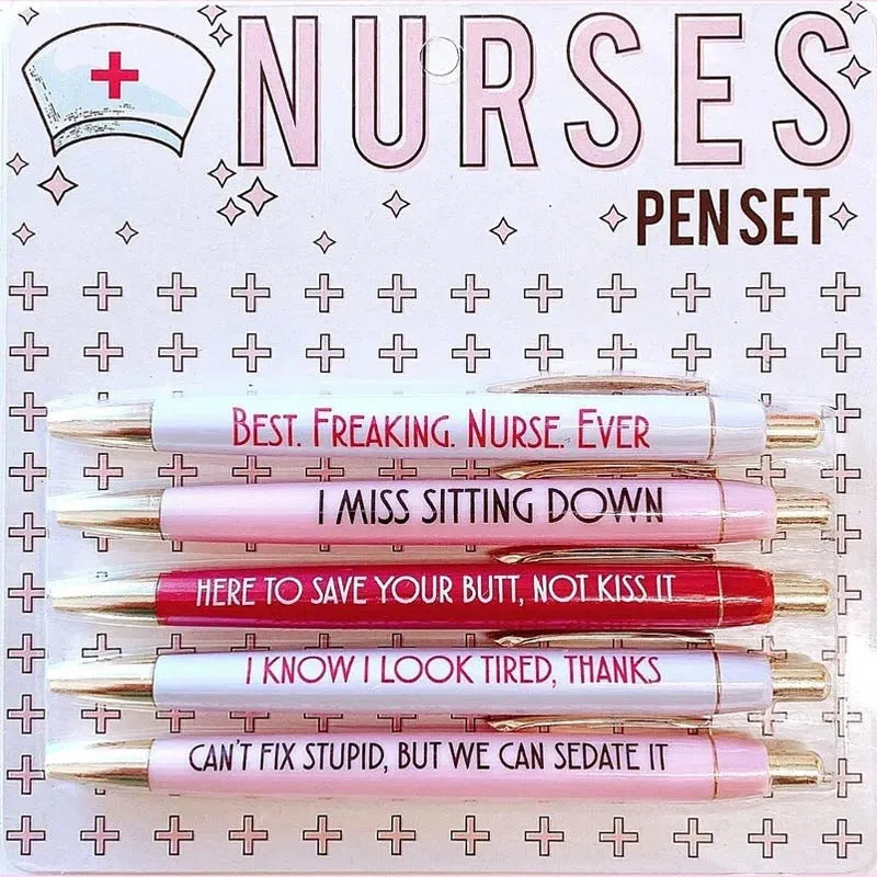 Set of five nurse theme retractable ballpoint pens with medical designs