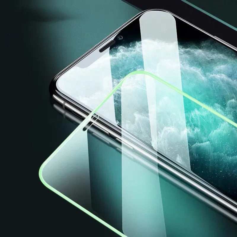 Luminous tempered glass screen protector for iPhone glowing in dark with full coverage design