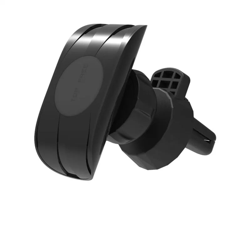 Black car phone holder attached to vehicle air vent holding smartphone