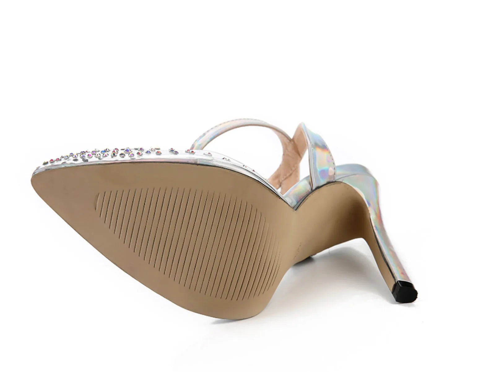 Women's pointed toe stiletto sandals with diamond decoration on PVC upper in Asian sizes 35-42
