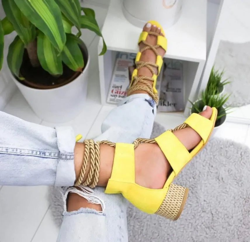 Women's suede sandals with thick middle heel and front strap design in various colours
