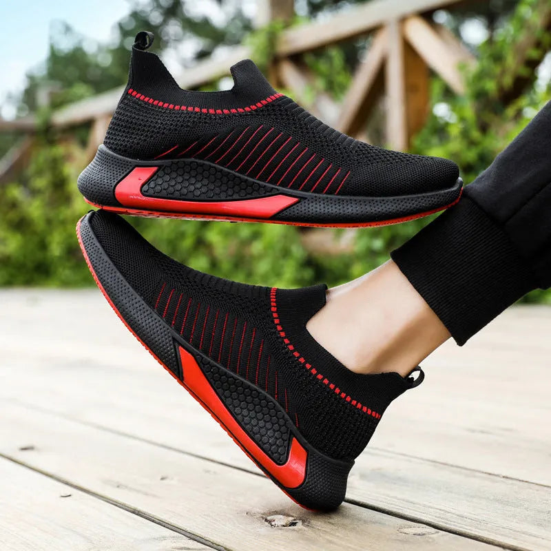 Men's striped mesh sock shoes with lace-up front and round toe design
