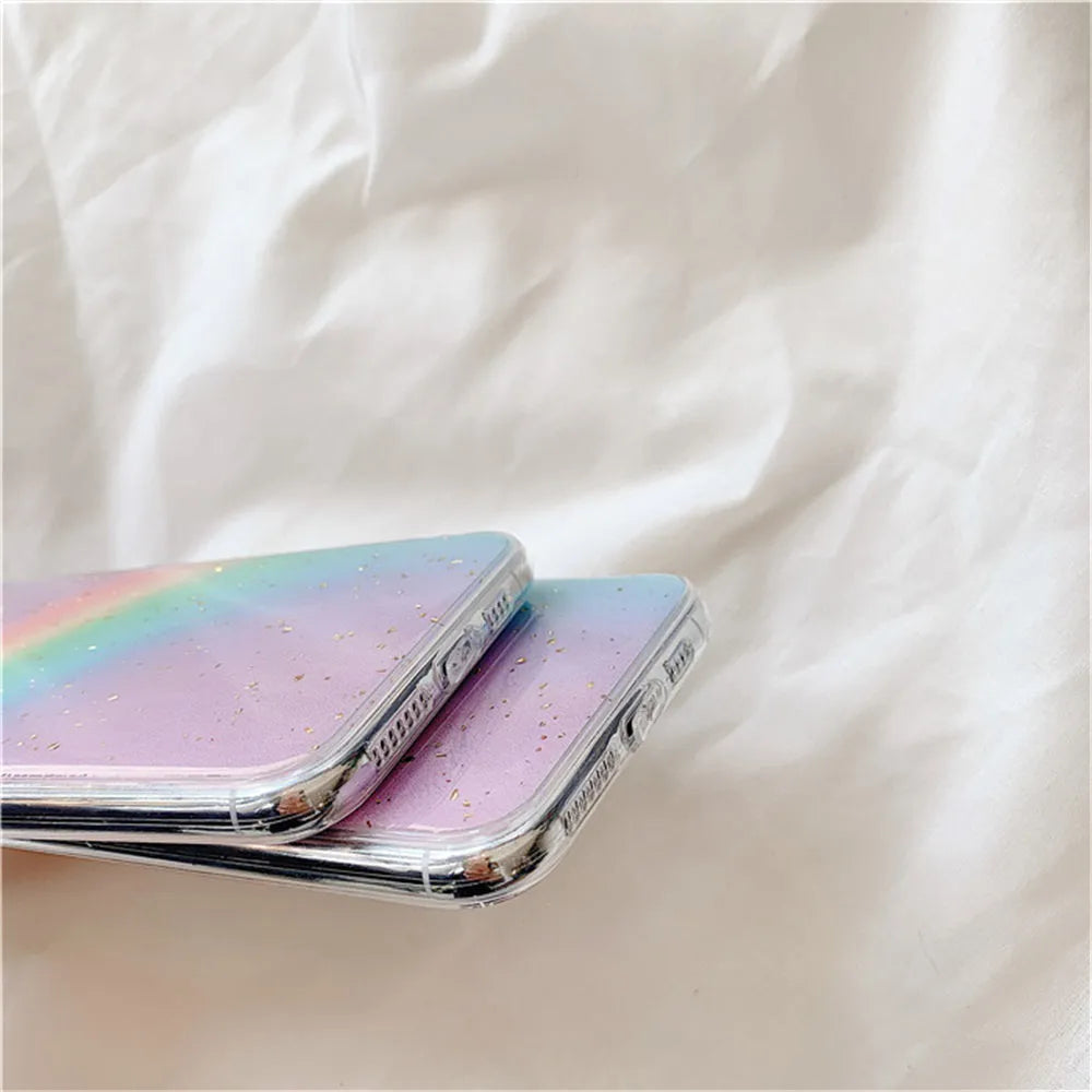 Rainbow gradient TPU iPhone case with colourful stripes on back, showing Japanese and Korean style design