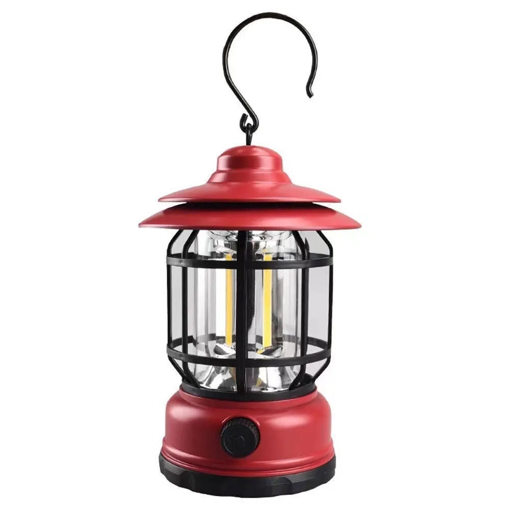 Portable camping lantern in dark green, black, or red with battery power options