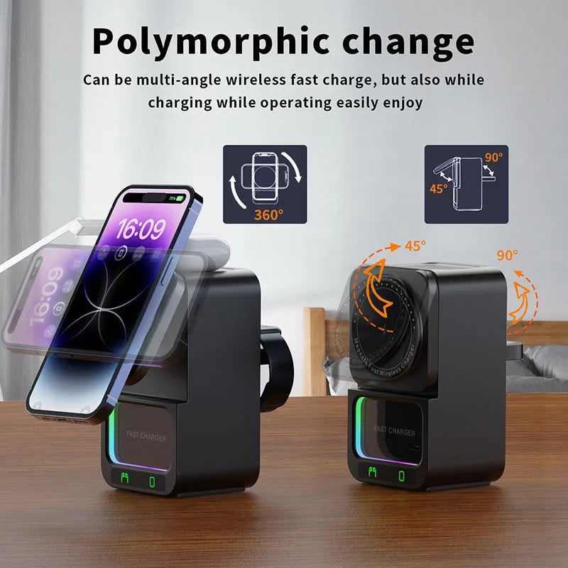 White 5-in-1 Bluetooth speaker wireless charger with magnetic charging support and QC3.0 fast charging