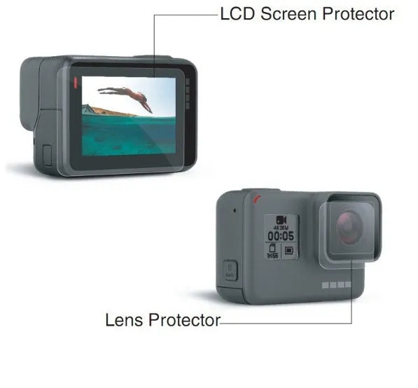GoPro Hero camera with transparent tempered glass lens protector and LCD screen protector applied.