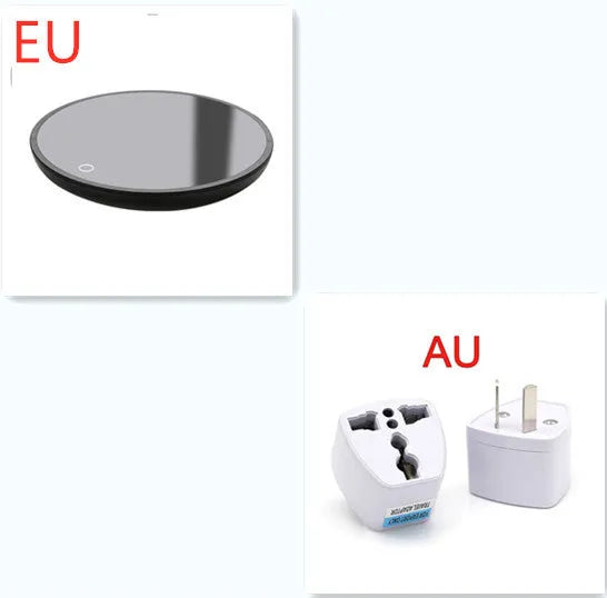 Black circular mug warmer with tempered glass surface and temperature switch