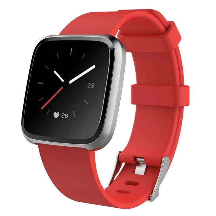 Fitbit Versa Lite replacement wrist strap showing colour options including black, blue, purple, red, and yellow