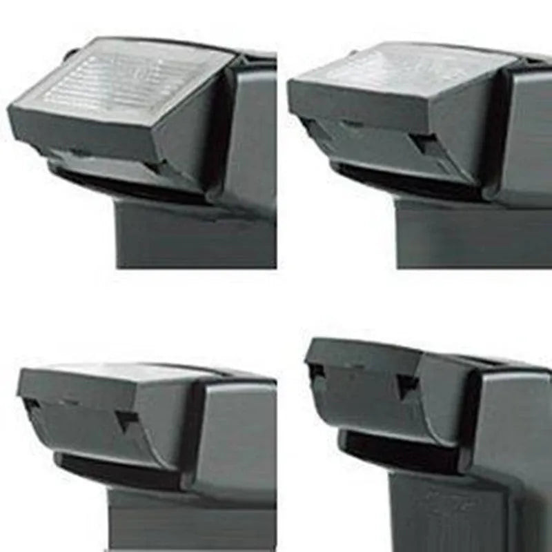 Silver hot shoe camera flash unit mounted on an SLR, shown with its head tilted upwards.
