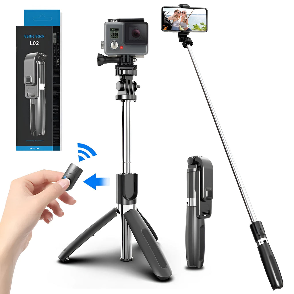 Black stainless steel Bluetooth selfie stick tripod extended with phone attached, showing wireless remote.