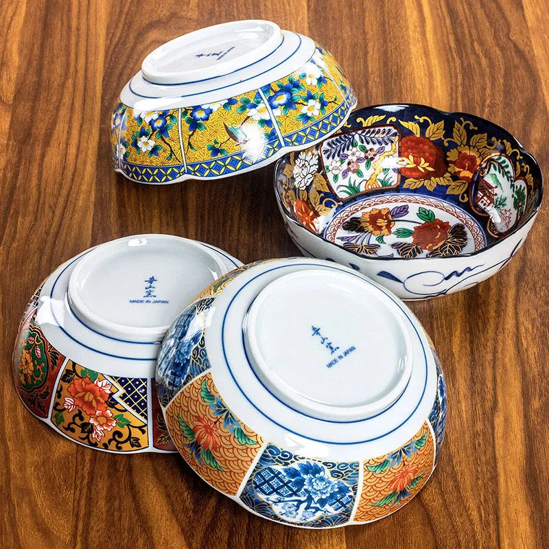 Japanese style ceramic 4-inch bowls with peony and floral patterns in retro gold, yellow and green colours