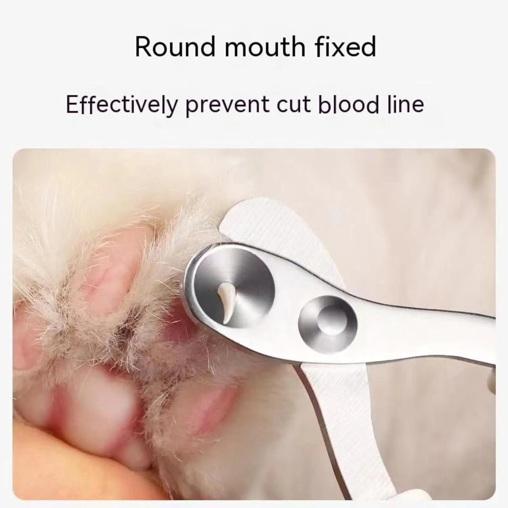Blue pet nail clippers with circular cutting hole and non-slip handles on a white background.