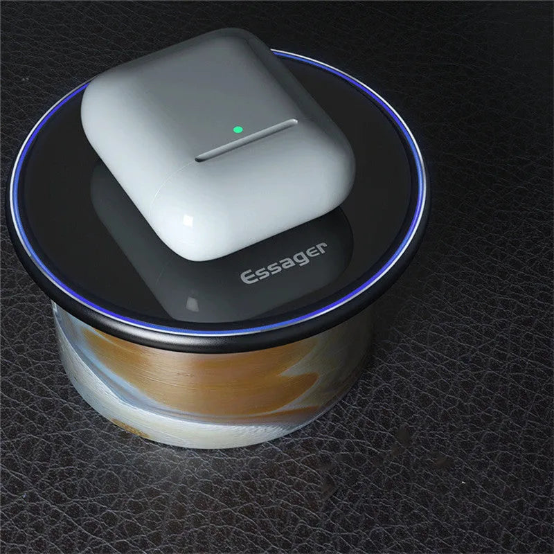 Black aluminium wireless charging pad with LED indicator lights for Qi-compatible phones
