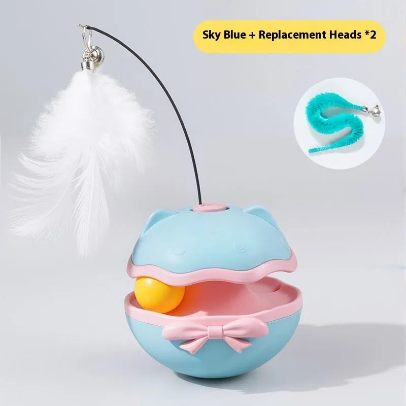 Electric self-tumbling cat teaser wand toy in lemon yellow, sky blue, or soft fog grey.