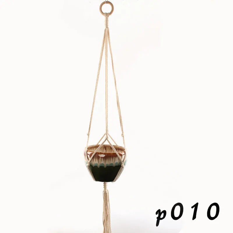 Cotton rope woven wire plant basket shown in desktop, wall hanging, and hanging basin styles.