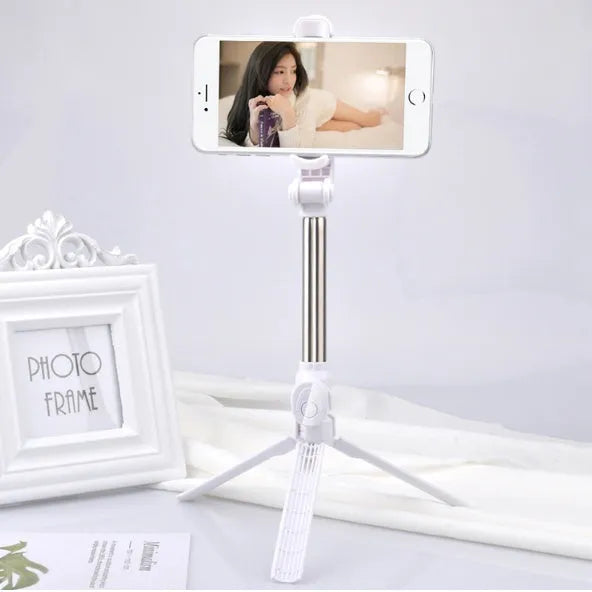 Black iPhone tripod selfie stand with extended aluminium rod and Bluetooth remote control